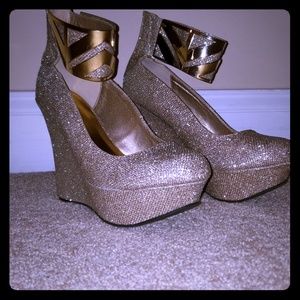 Qupid Champagne Glitter Wedge Heels
